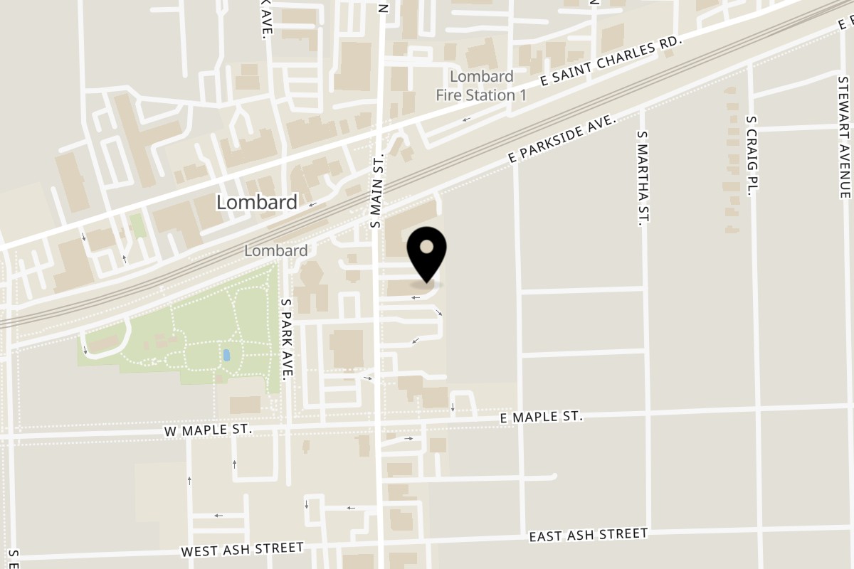 Map showing the location of Rude Rooster on 109 South Main Street in Lombard